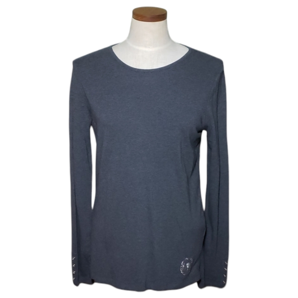 MICHAEL Michael Kors Crewneck Rhinestone Logo Silver Buttons Gray Shirt M NWT